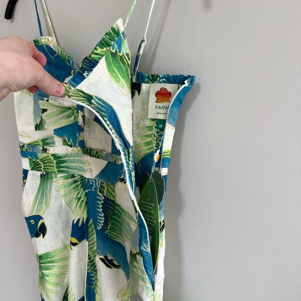 FARM Rio NWT Araras Parrot Print Smocked Linen Relaxed Fit White Jumpsuit, XS - Picture 9 of 14